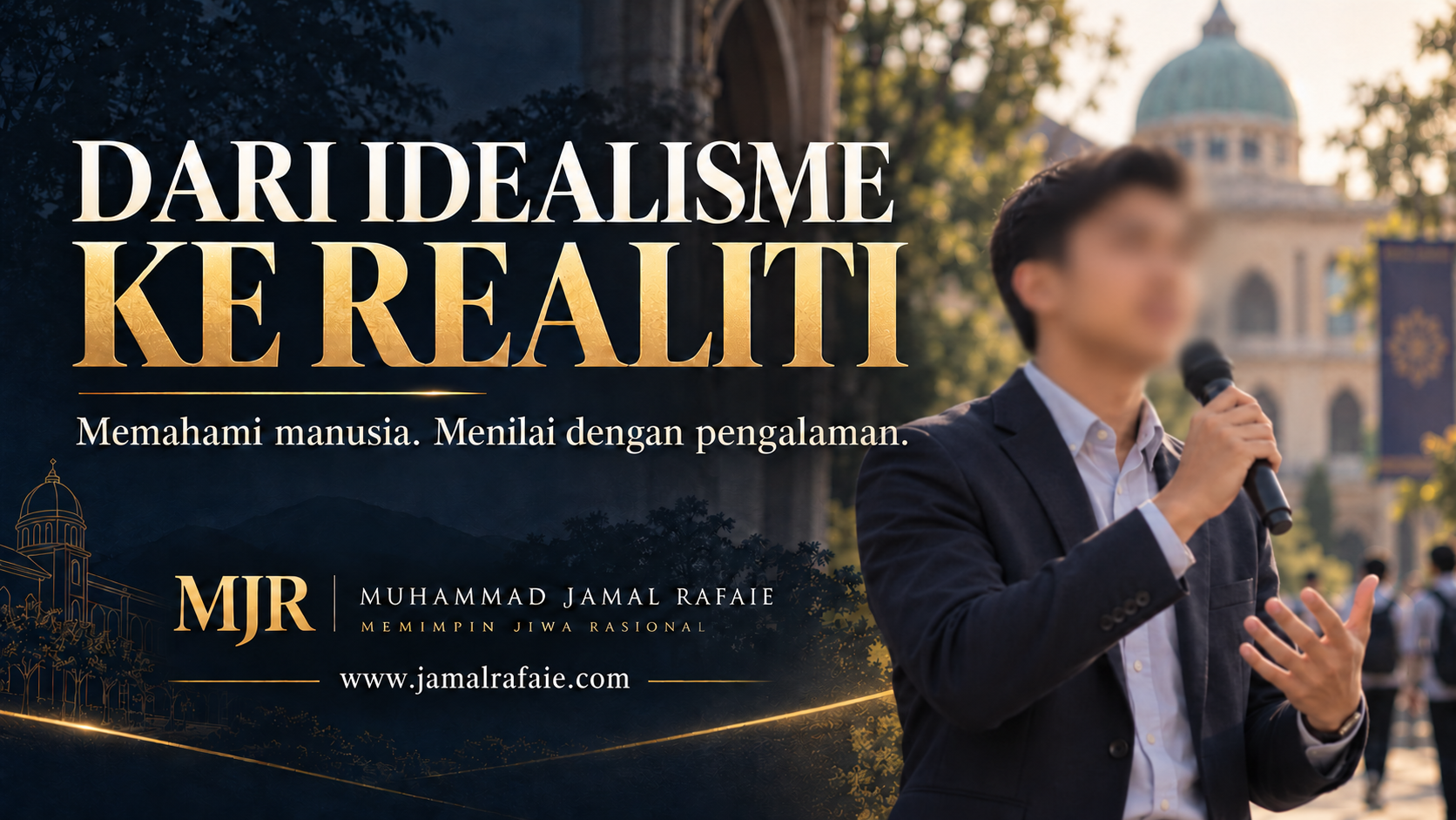 Poster Dari Idealisme ke Realiti oleh Muhammad Jamal Rafaie, menampilkan mahasiswa lelaki sedang berpidato dengan wajah dikaburkan.